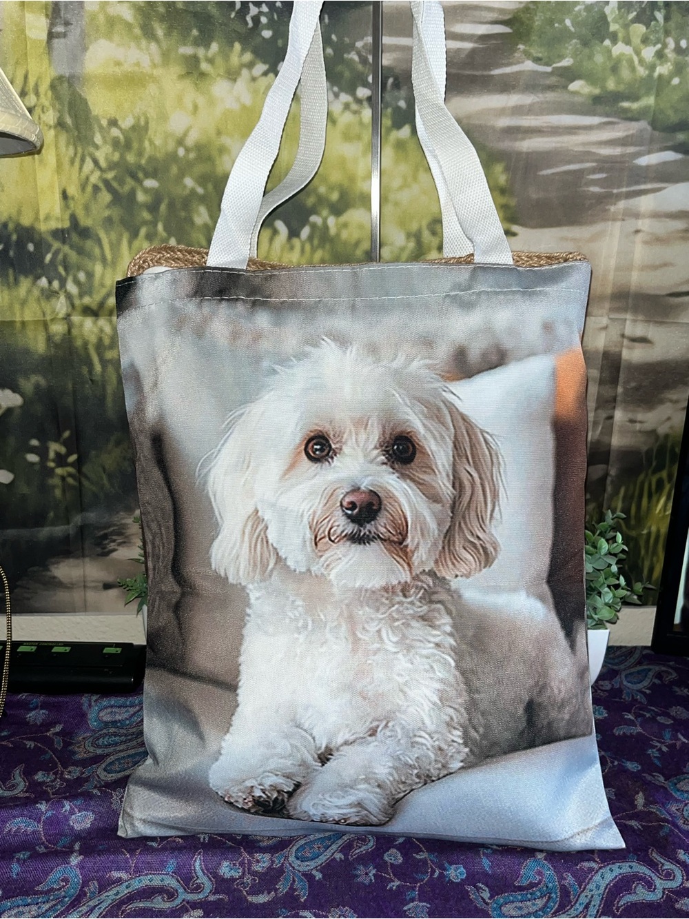 White Dog Print Tote Bag with White Handles - Pets Dog